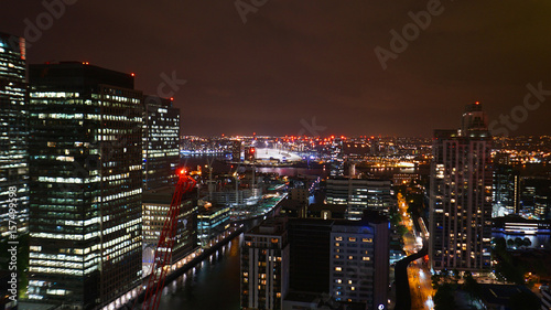 Aerial night photo of iconic Canary Warf in isle of Dogs skyline  London  United Kingdom