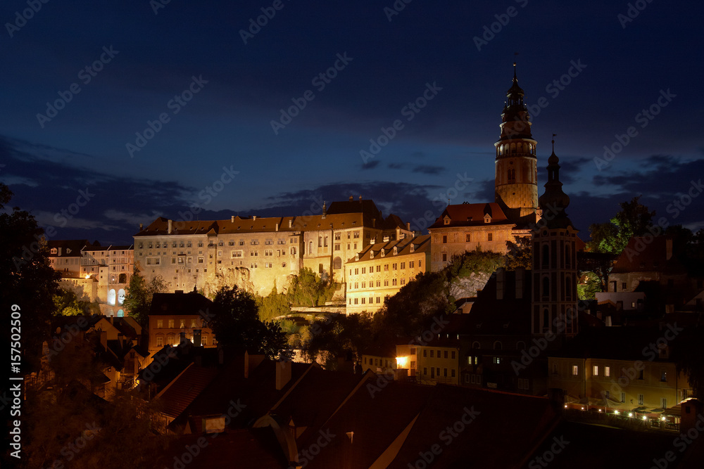 Night view of medieval city Cesky Krumlov with the castle, Czech republic, Europe