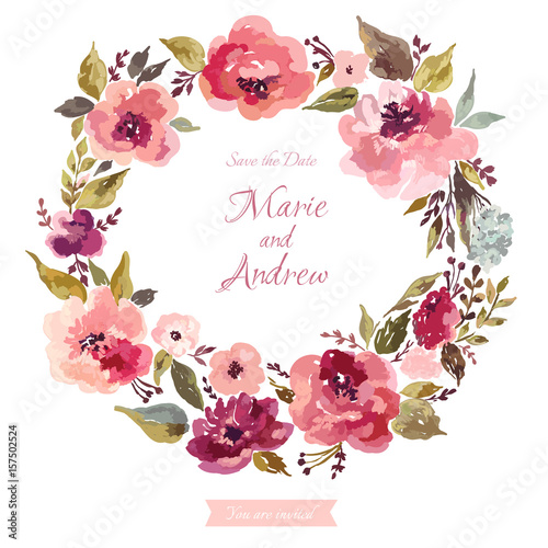 Template for invitation card with floral wreath