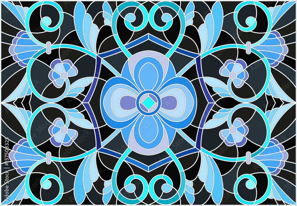 Illustration in stained glass style with abstract  swirls,flowers and leaves  on a black background,horizontal orientation