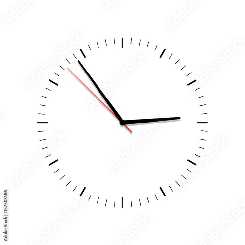 Clock vector . Flat. Classic black and white round wall clock isolated on white. Clock face with shadow on white background. Vector illustration