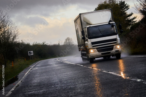 A truck transporting goods along the A1 motorway, England UK.