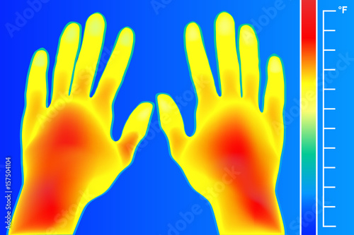 Thermal imager Human hands and finger. The image of a arms using Thermographic camera. Scale is degrees Fahrenheit.