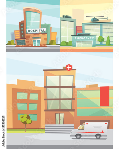 Hospital building cartoon modern vector illustration. Medical Clinic and city background. Emergency room exterior