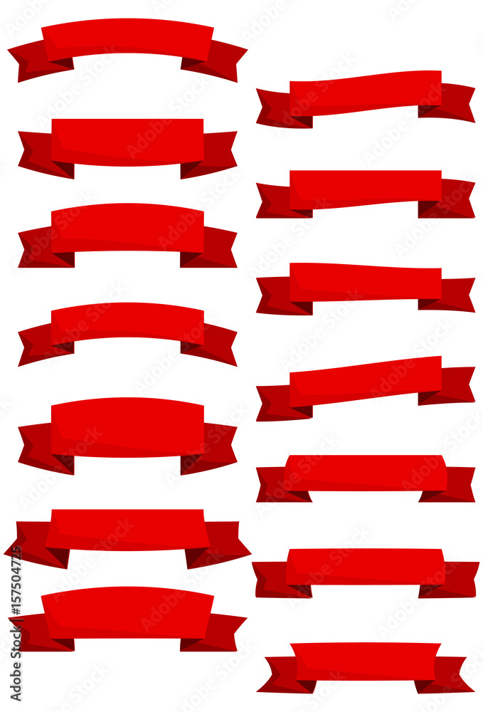 Set of red cartoon ribbons and banners for web design. Great design element isolated on white background. Vector illustration.
