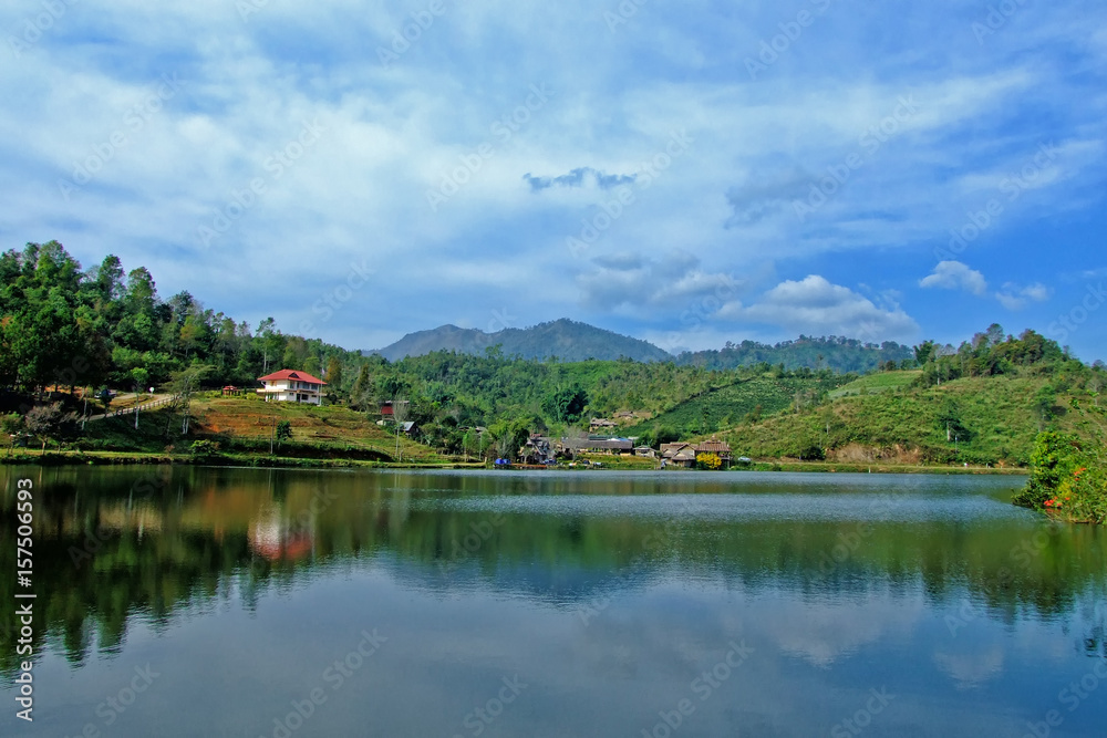 Beautiful lake, peaceful lake, Reflection lake with blue sky