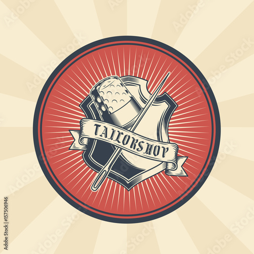 Vector vintage illustration of badge, sticker, sign for tailor s shop with a needle and thimble located on the heraldic shield. Print, template, design element