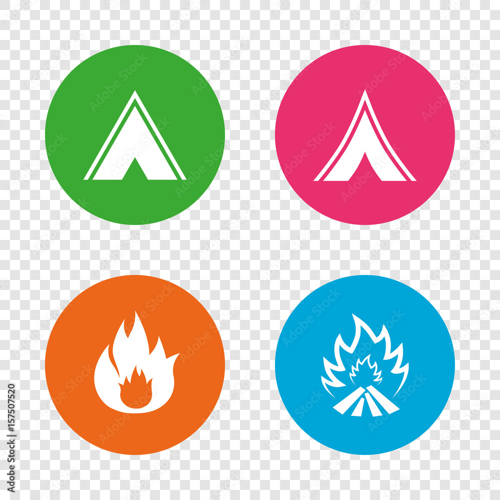 Tourist camping tent signs. Fire flame icons. Tourist camping tent signs. Fire flame icons.
