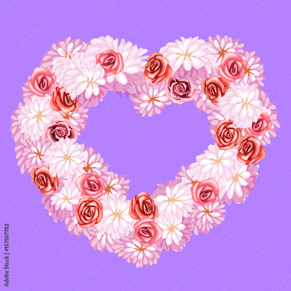Flower wreath with roses and daisies, heart shape