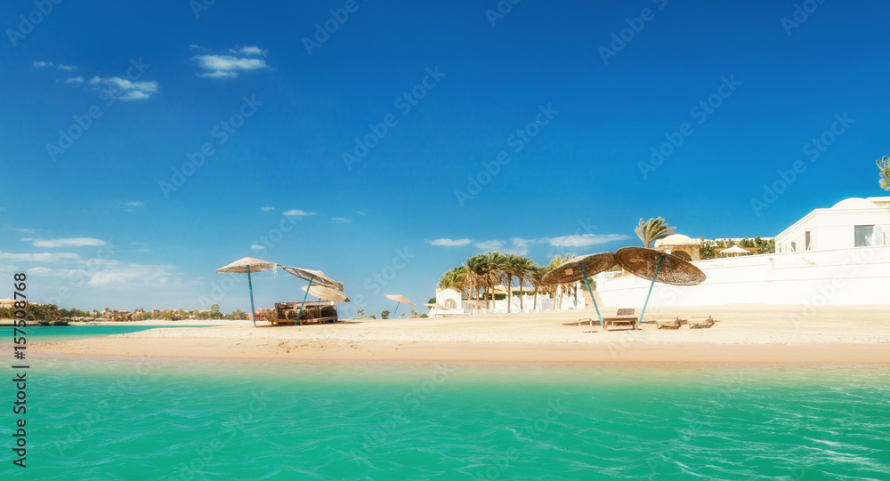 Obraz premium Canals, buildings and resort equipment at El Gouna resort. Egypt, North Africa
