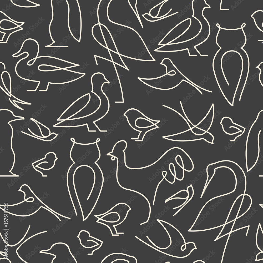 Seamless pattern made of birds drawn with continuous line