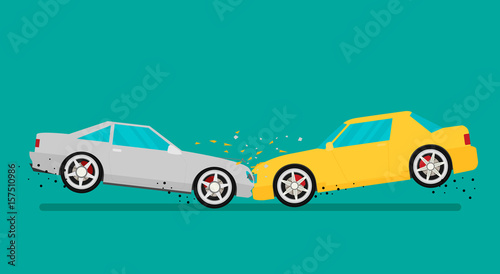 Car crash. Two cars hit head-on. Flat design.