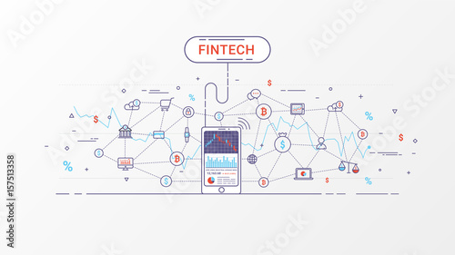 Fintech - Financial Technology and blockchain technology. Financial technology and Business investment infographic. Trading index on mobile phone. Vector illustration. photo