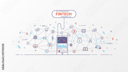 Fintech - Financial Technology and blockchain technology. Financial technology and Business investment infographic. Trading index on mobile phone. Vector illustration.