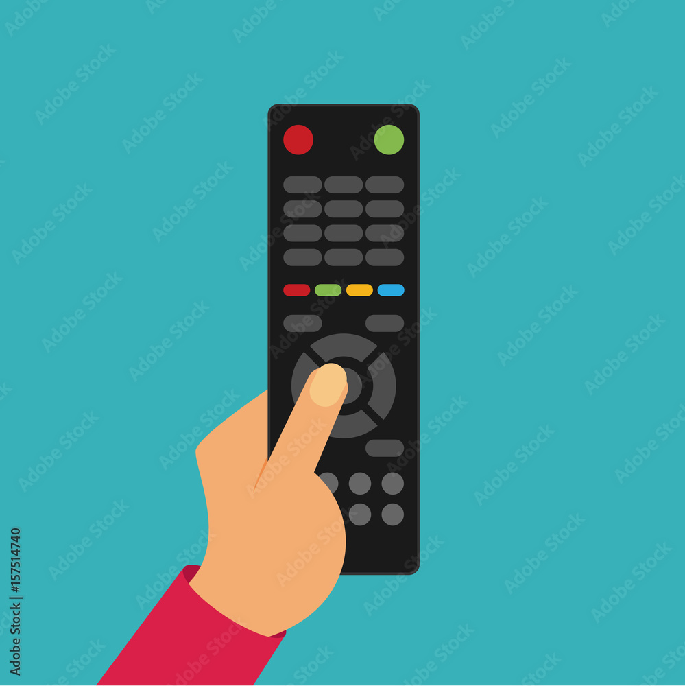 Human hand with black remote TV Control. Flat vector.