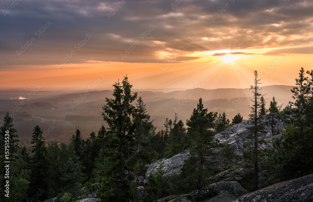 Scenic landscape with sunset at evening in Koli, national park.