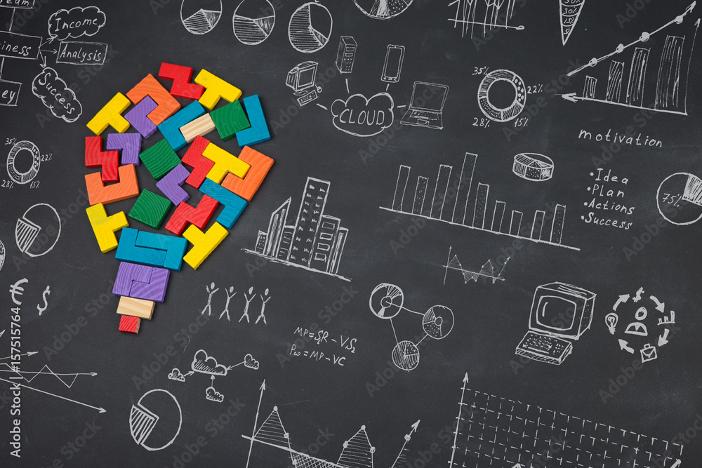 concept - sketch with schemes and graphs on chalkboard concept - sketch with schemes and graphs on chalkboard