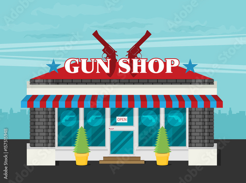 Facade of gun shop flat vector.