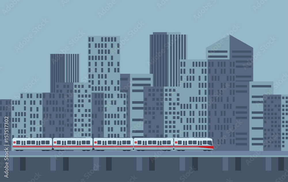 Train on railway with outdoor city landscape. Vector travel concept background.