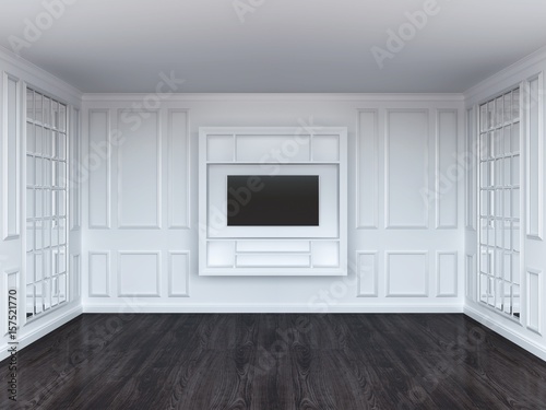 Living room with tv shelf and mirrors. White interior. Dark wood floor