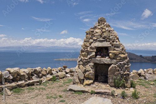 Traditional Inca first nation stone altar on the Island of the Sun on Lake Titicaca, Bolivia