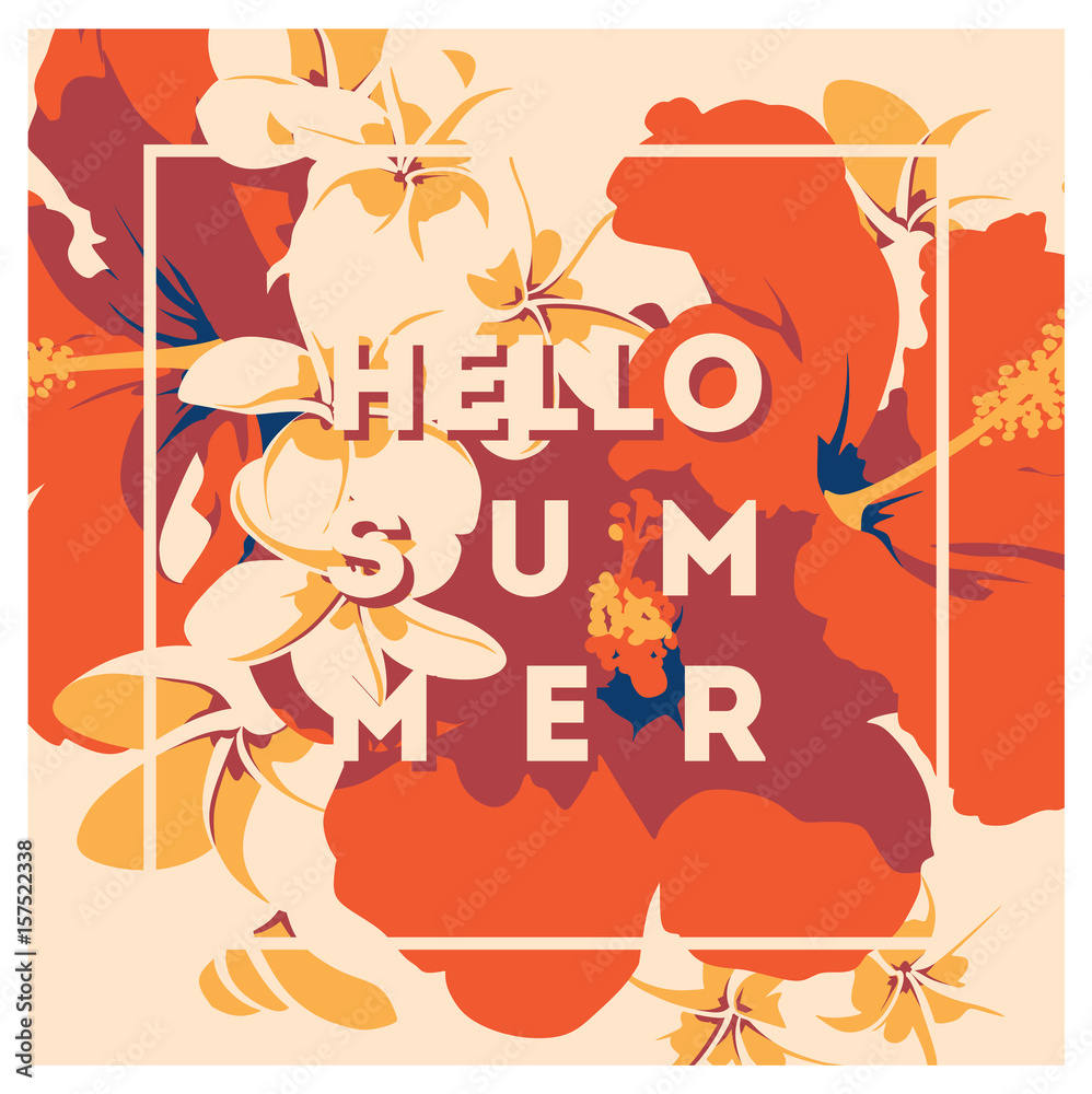 Summer Hawaiian tropical poster with, palm leaves and flowers.