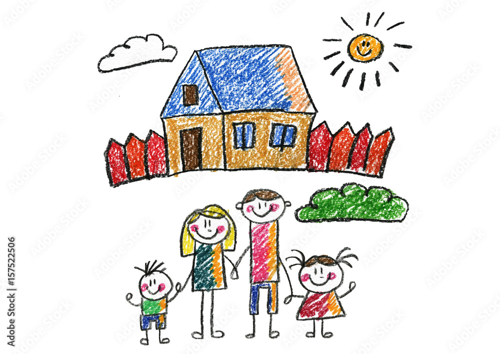 Naklejka premium Kids drawing Happy family Mother, father, sister, brother Happy mom and dad with son and daughter Family house Children illustration with happy couple, kids, parents, house Home for my family Chalk