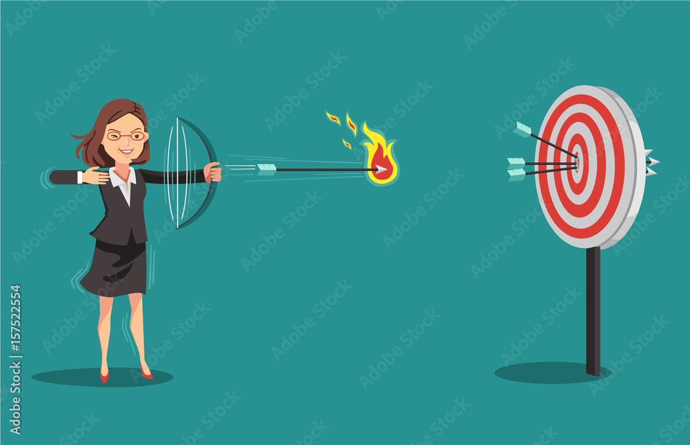 Target arrow Businesswomen aiming with bows and arrows. Arrow hitting target.Successful business concept.Isolated on blue background Target arrow Businesswomen aiming with bows and arrows. Arrow hitting target.Successful business concept.Isolated on blue background