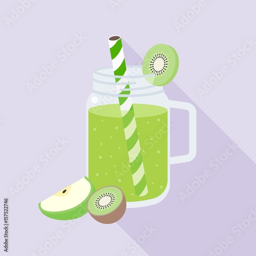 Green smoothies from Kiwi and apple in mason jar glass with ripe of kiwi and apple, flat design vector