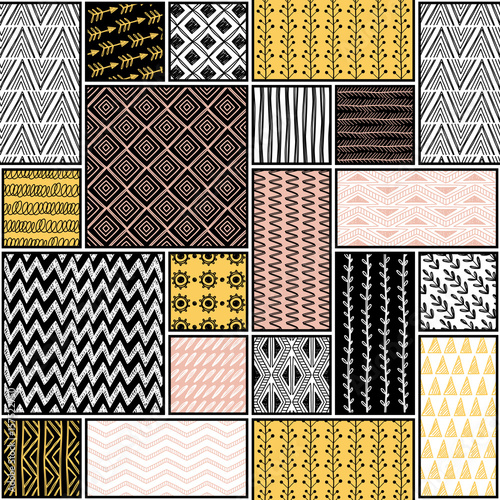 Seamless pattern, patchwork tiles. Freehand drawing