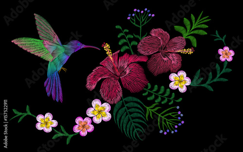 Hawaii flower embroidery arrangement patch. Fashion print decoration plumeria hibiscus palm leaves. Tropical exotic blooming bird hummingbird vector illustration