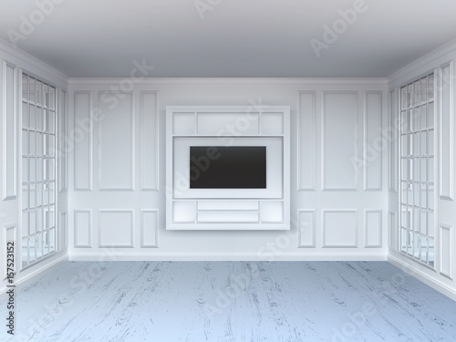 Living room with tv shelf and mirrors. White interior. White wood floor