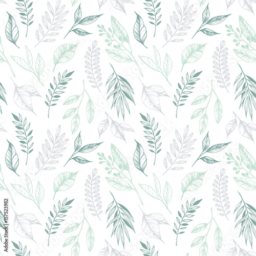 Hand drawn vector illustration - seamless pattern with branches and leaves. Floral background. Perfect for invitations, greeting cards, textiles, prints, posters etc