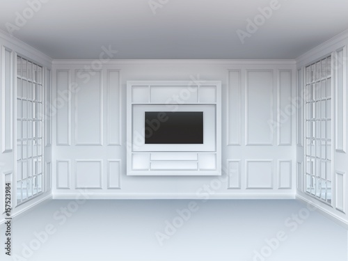 Living room with tv shelf and mirrors. White interior. White floor