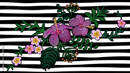 Hawaii flower embroidery on black white seamless stripe background. Fashion print decoration plumeria hibiscus palm leaves. Tropical exotic blooming bouquet vector illustration