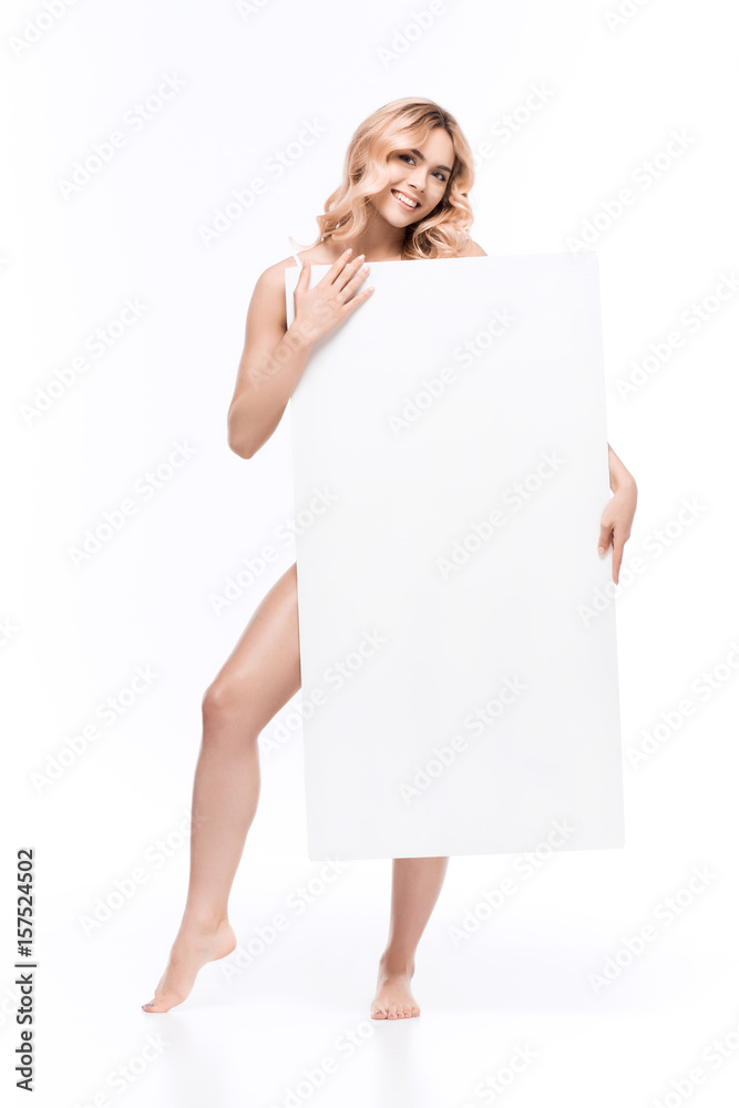 blond woman holding blank banner in hands isolated on white blond woman holding blank banner in hands isolated on white