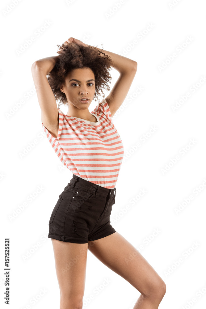 confident woman in casual clothing posing isolated on white confident woman in casual clothing posing isolated on white