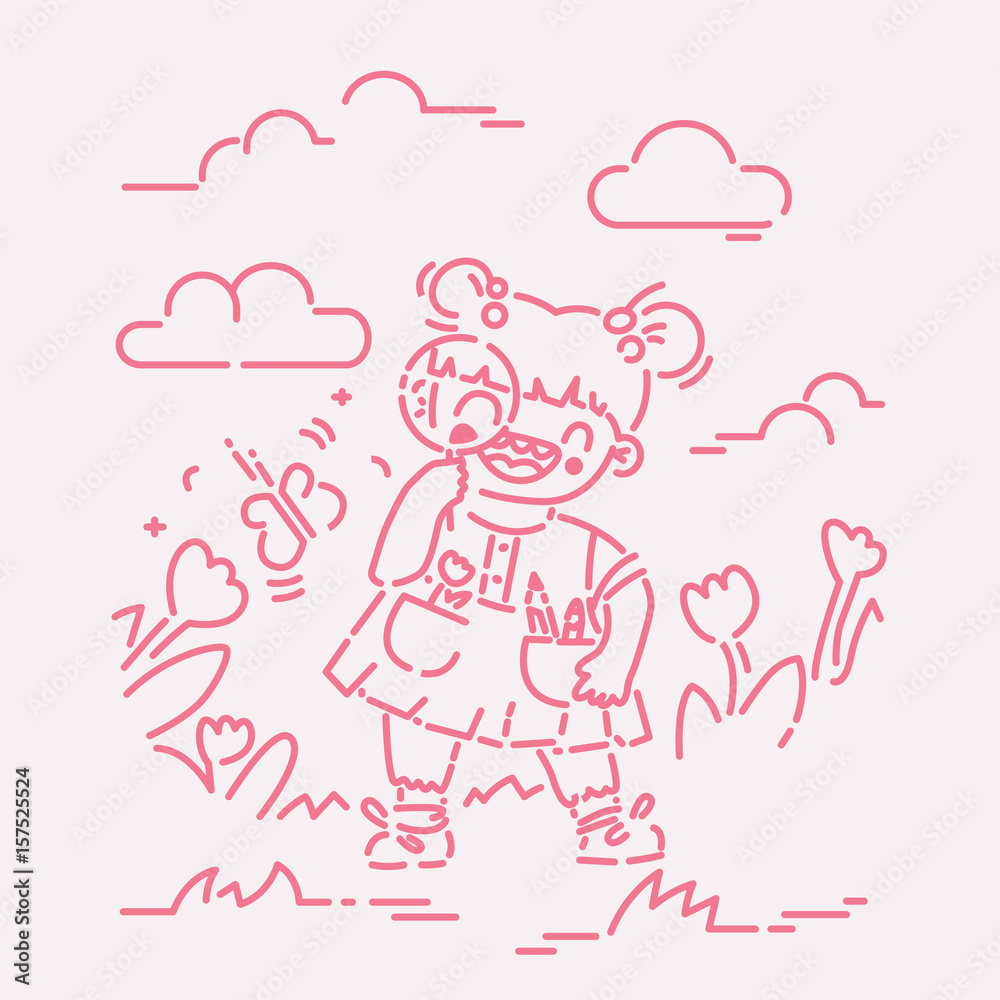 Little girl discovering nature with magnifying glass vector illustration, flat line style Little girl discovering nature with magnifying glass vector illustration, flat line style