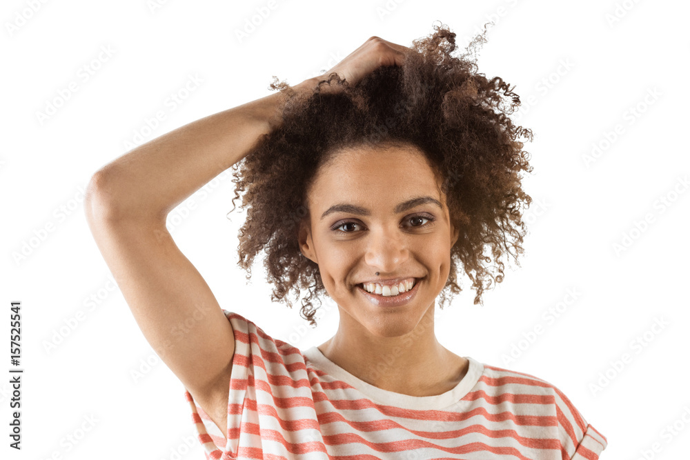 smiling african american woman with hand on head isolated on white smiling african american woman with hand on head isolated on white