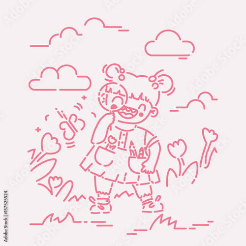 Little girl discovering nature with magnifying glass vector illustration, flat line style