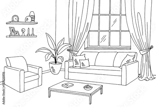 Living room graphic black white interior sketch illustration vector