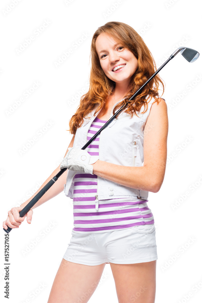 Vertical portrait of a golf player with a golf club on a white background Vertical portrait of a golf player with a golf club on a white background