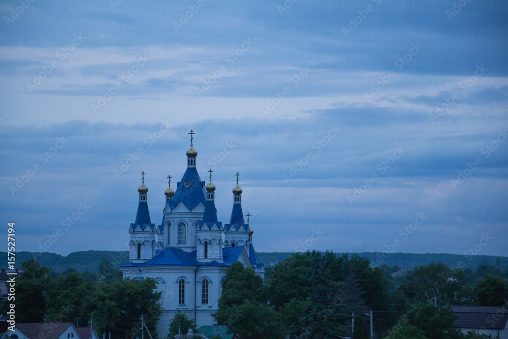 Church of the Intercession of the Mother of God on the Nerl. Ancient Russian Church shot in summer evening, at sunset.