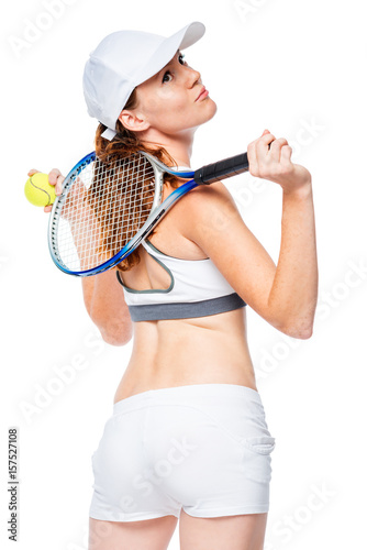 Looking up sportswoman with a racket for a game of tennis © kosmos111