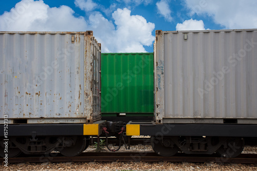 train with container on blue sky.