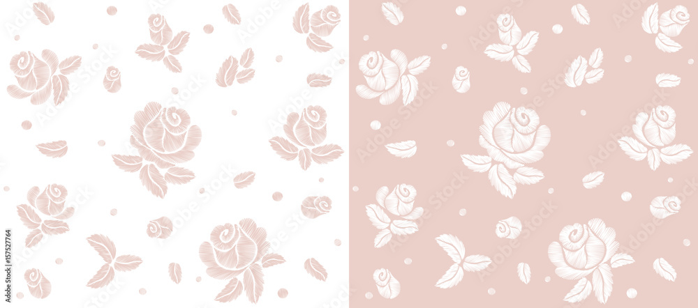 Delicate soft pink rose flower white seamless pattern. Embroidery vector flower decoration textile print illustration