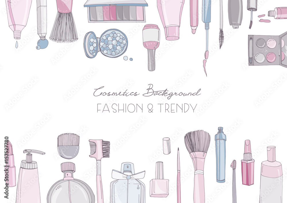 Fashion cosmetics horizontal background with make up artist objects. Vector hand drawn colorful illustration with place for text. Fashion cosmetics horizontal background with make up artist objects. Vector hand drawn colorful illustration with place for text.