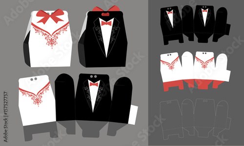 Bride and groom paper bonbonniere, сandy box. Vector  box template. Tuxedo and bridal dress dress for wedding. 
