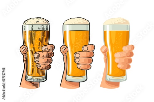 Man hand holding and clinking beer glass. Different graphic styles
