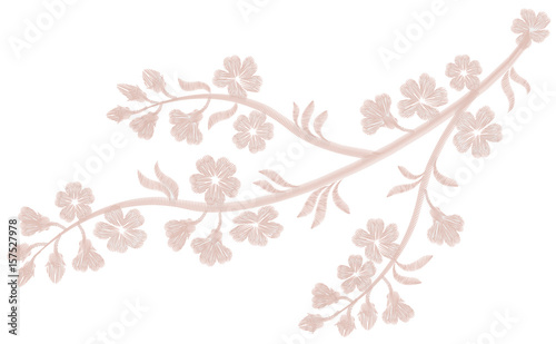Delicate light pink beige flower embroidery. Sakura cherry blossom fashion textile print. Decorative ornate patch necklace vector illustration